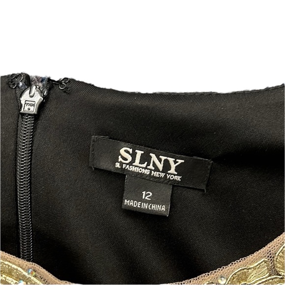 SLNY Black Gold Sleeveless Illusion Gown Front Slit Formal Dress - Picture 7 of 7